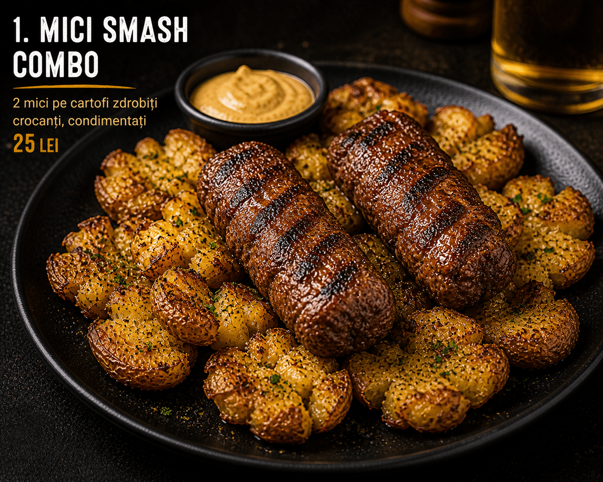 Mici Smash Combo ⭐ 2 Mici pe Cartofi Zdrobiți Crocanți, Condimentați